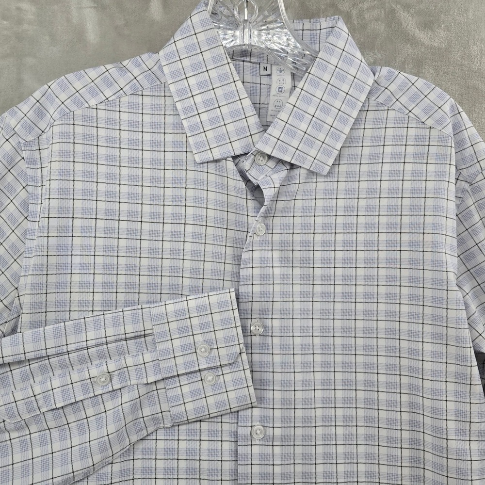 State and Liberty Button Down Men Medium White Blue Grid Athletic Performance